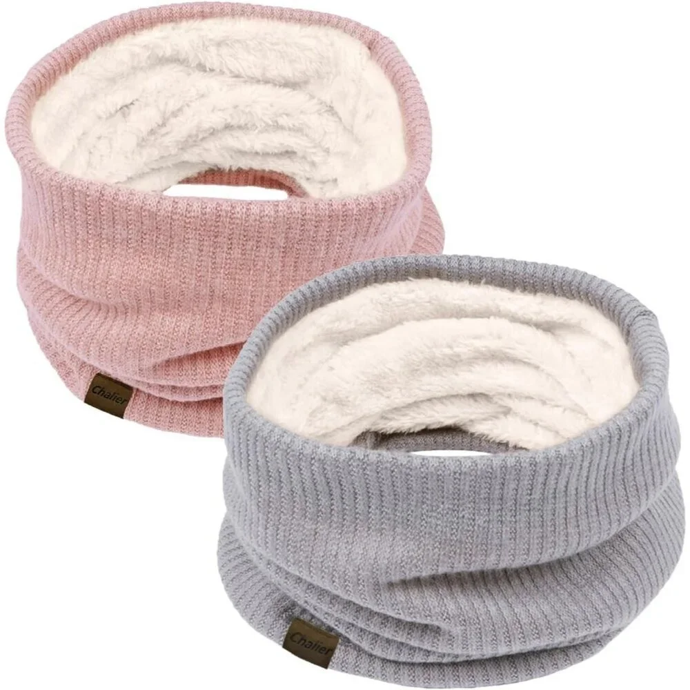 Women's F-grey + pink Scarf Winter Double-Layer Neck Warmer Knit Fleece